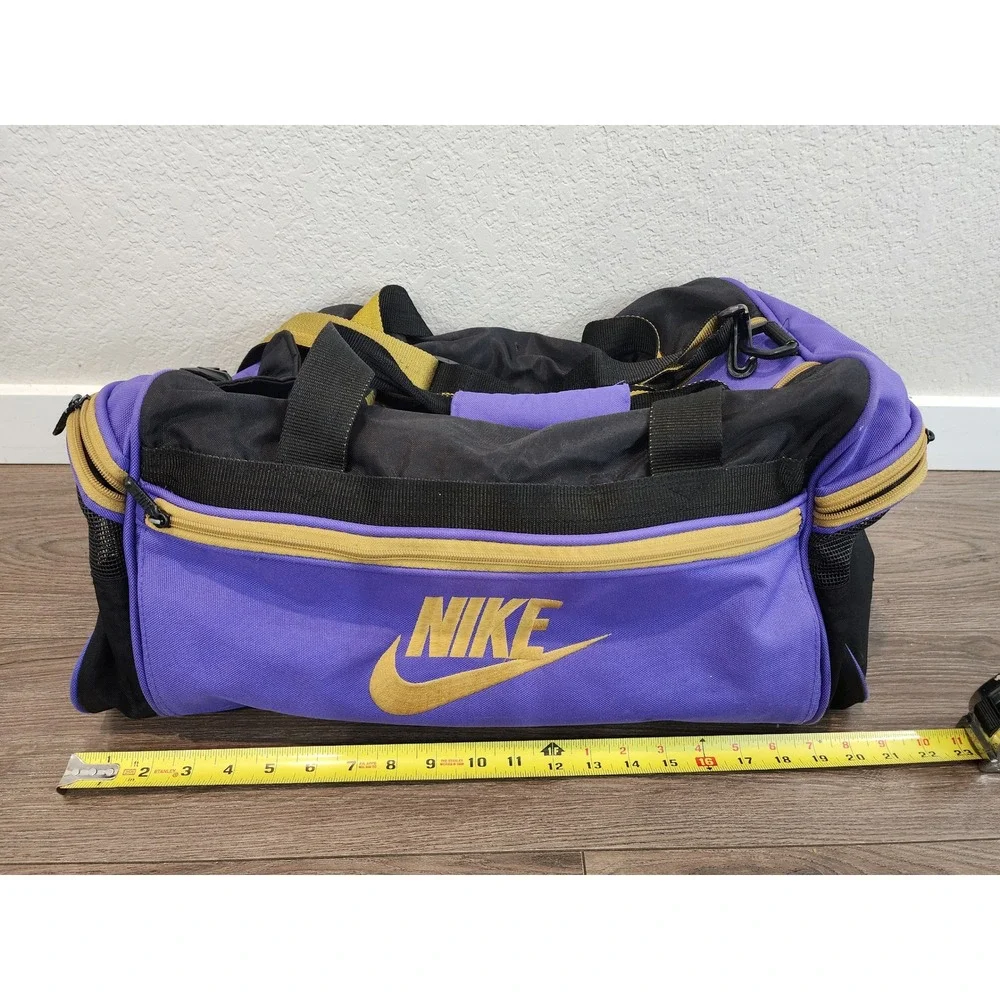 Vintage 90s Nike Duffel Bag Purple Black Gold Swoosh Gym Travel Shoulder Strap